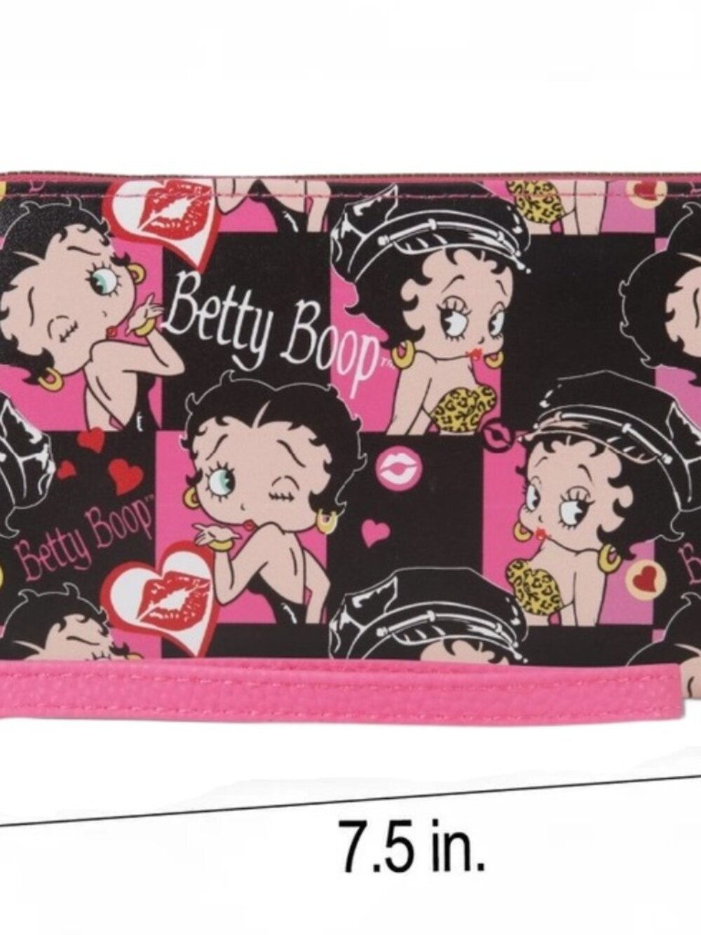 Betty Boop Black Zip Around Wallet with Red Lips Pattern, Multiple Card Slots, - Picture 2 of 3